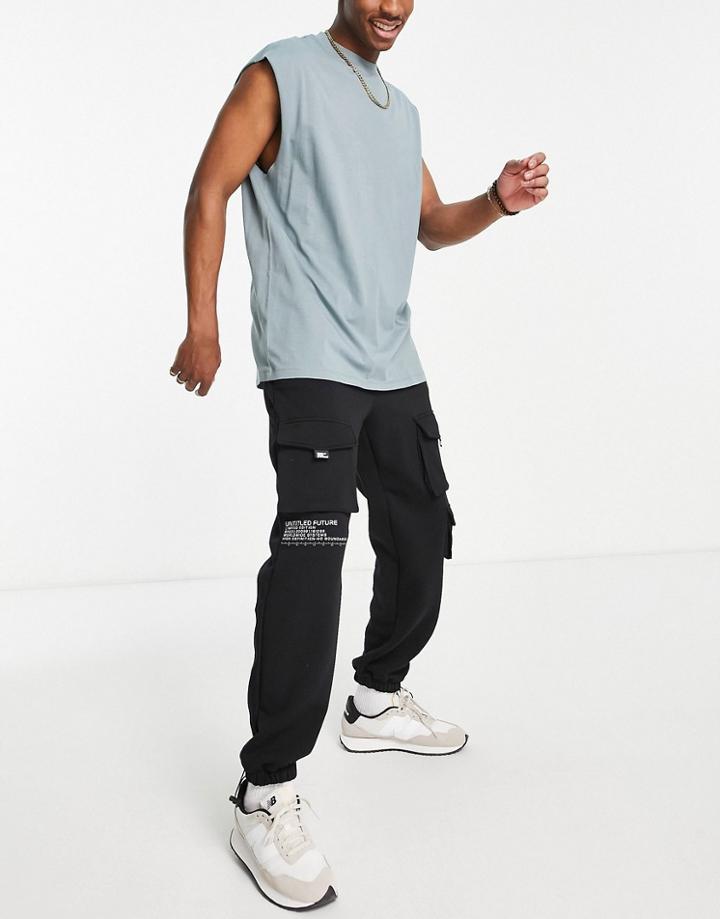 Topman Cargo Sweatpants With Untitled Print In Black