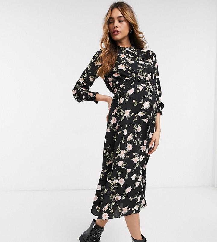 New Look Maternity Frill Neck Floral Midi Dress In Black