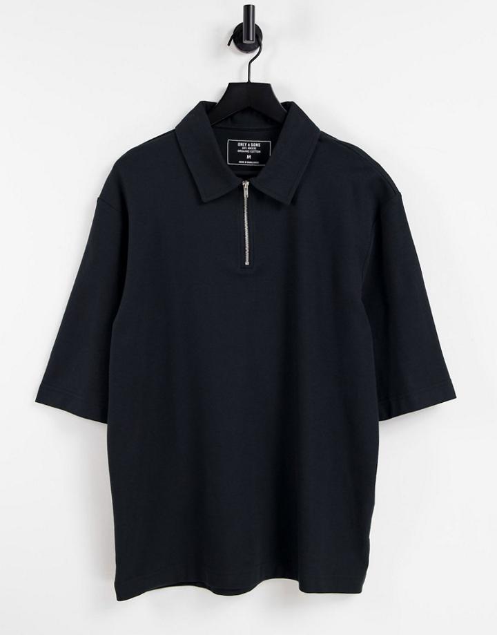 Only & Sons Organic Cotton Oversized Polo Shirt With Zip In Black