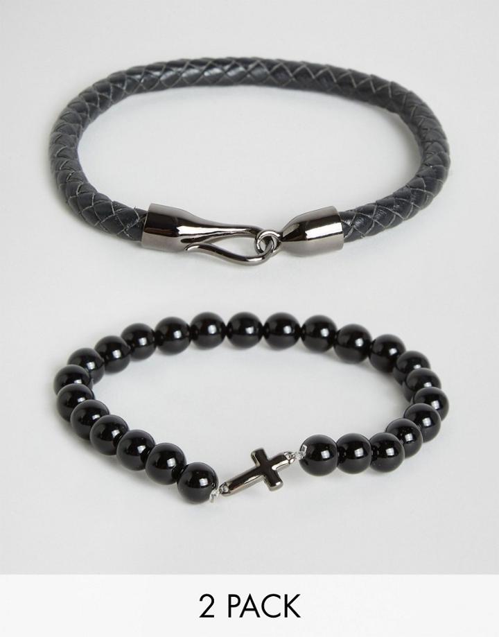 Simon Carter Onyx Cross Beaded & Leather Bracelets In 2 Pack Exclusive To Asos - Black