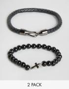 Simon Carter Onyx Cross Beaded & Leather Bracelets In 2 Pack Exclusive To Asos - Black