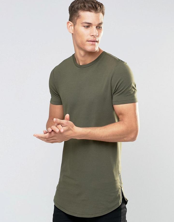 Asos Super Longline Muscle T-shirt With Curved Hem And Zips In Khaki Green - Rifle Green