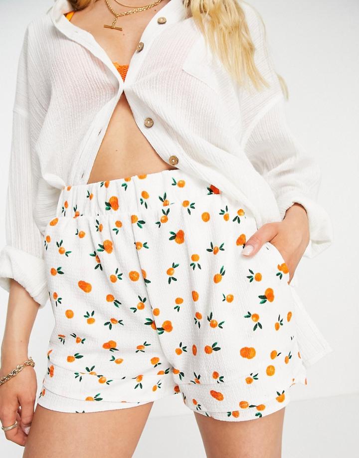 Vero Moda High Waisted Pull On Shorts In White Fruit Print - Part Of A Set-orange