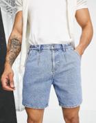 Asos Design Denim Shorts With Front Pleat Detailing In Mid Wash-blue