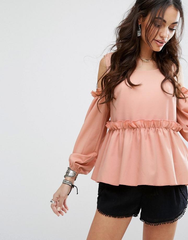 Prettylittlething Ruffle Hem Cold Shoulder Top - Purple