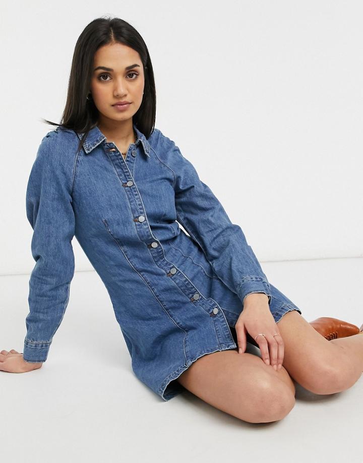 Lost Ink Denim Dress In Vintage Wash With Gathered Shoulders-blues