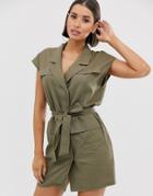 Asos Design Sleeveless Utility Mini Dress With Belt In Linen - Green