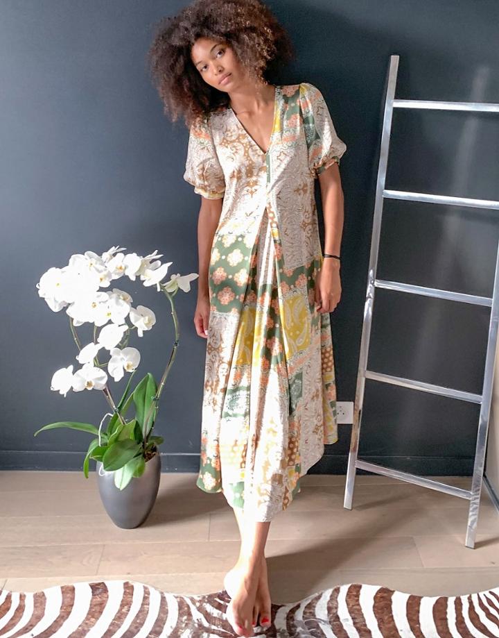 Y.a.s Maxi Dress With V Neck And Puff Sleeves In Mixed Scarf Print-multi