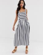 Asos Design Overall Midi Sundress With Pocket Detail In Stripe Print-multi