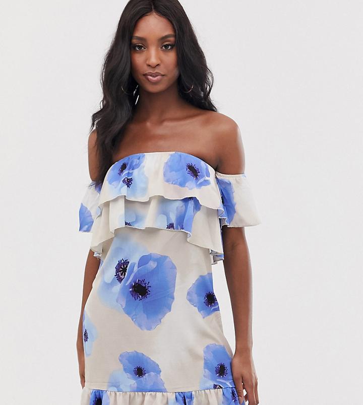 Parisian Tall Bandeau Frill Dress In Poppy Print-cream