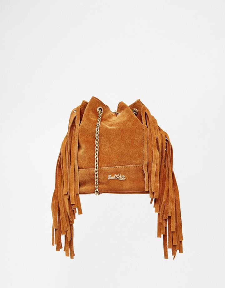 Paul & Joe Sister Leather Bucket Bag With Fringing - Cognac