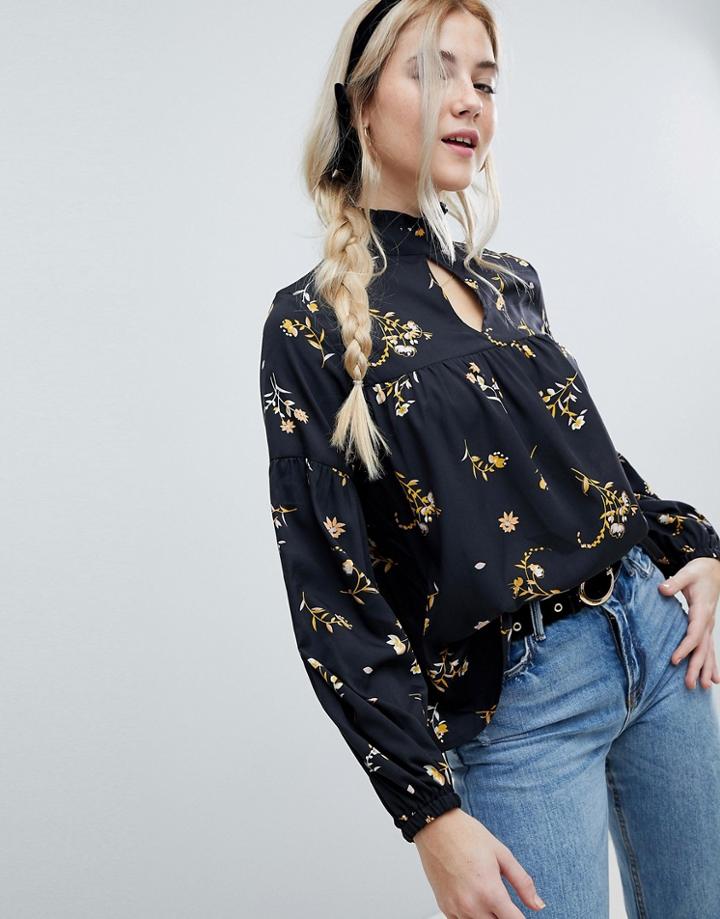 Influence High Neck Floral Blouse - Black