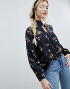 Influence High Neck Floral Blouse - Black