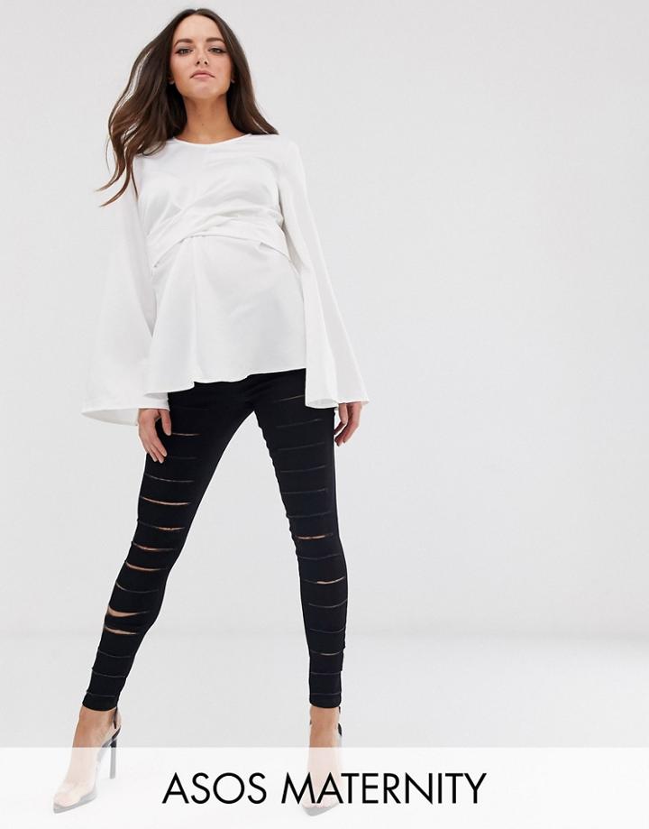 Asos Design Maternity Pull On Jegging In Clean Black With Slash Rip Detail And Under The Bump Waistband - Black