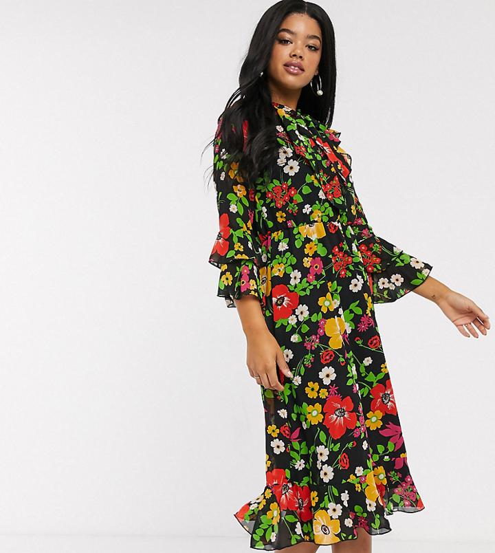 Twisted Wunder Neck Tie Midi Dress With Ruffle Hem Sleeves In Pop Floral-black
