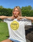 Urban Revivo Happy Slogan Print Oversized T-shirt In White