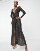 Goddiva Sequin Long Sleeve Wrap Front Maxi Prom Dress In Gold