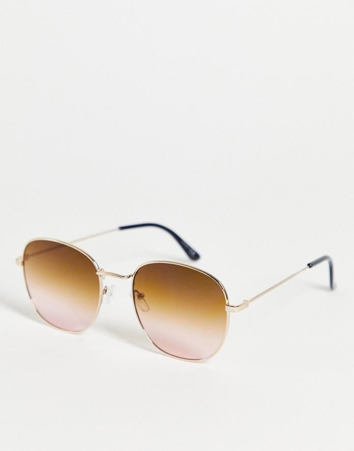 Asos Design Metal Round Sunglasses In Gold With Brown Lens