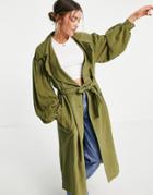 Asos Design Oversized Linen Trench Coat With Sleeve Detail In Khaki-green