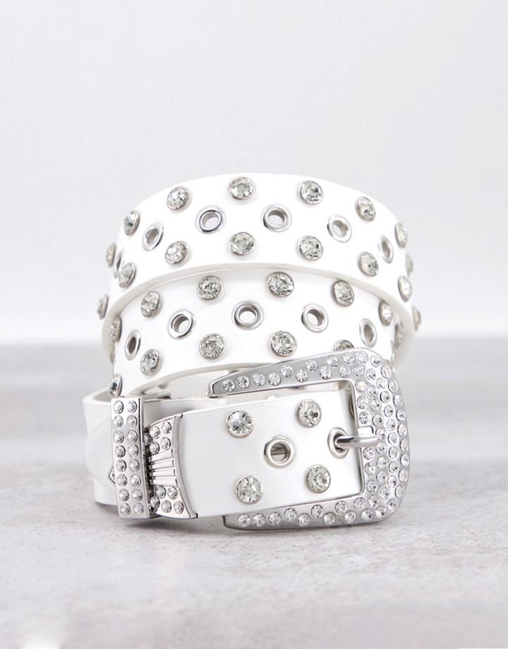 Asos Design Stud And Rhinestone Detail Waist And Hip Jeans Belt In White