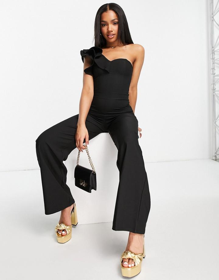 Lipsy Ruffle Shoulder Sleeve Wide Leg Jumpsuit In Black