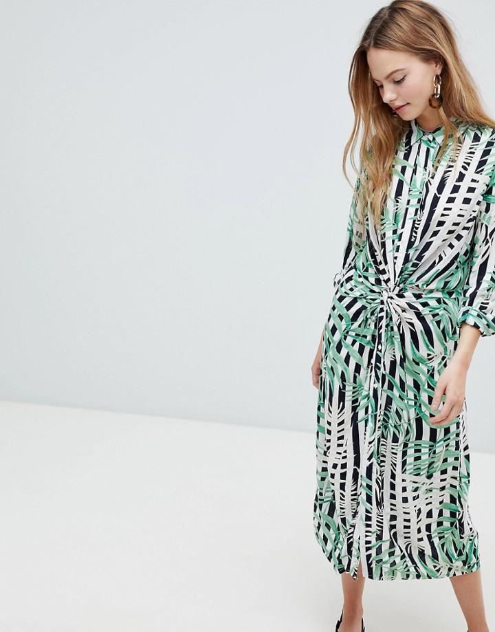Qed London Stripe Leaf Print Shirt Dress With Twist Detail - Multi