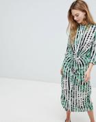 Qed London Stripe Leaf Print Shirt Dress With Twist Detail - Multi