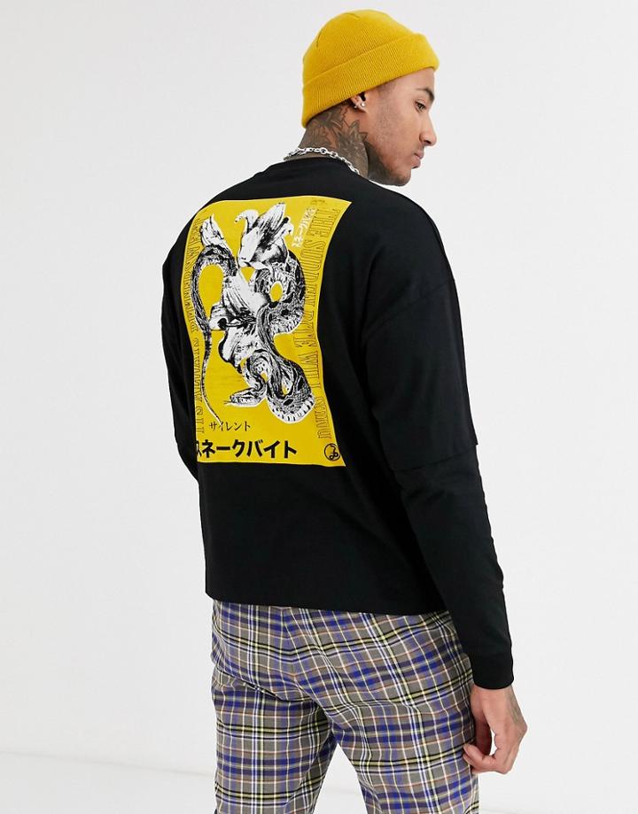 Asos Design Oversized Long Sleeve T-shirt With Double Layer Sleeve And Snake Back Print