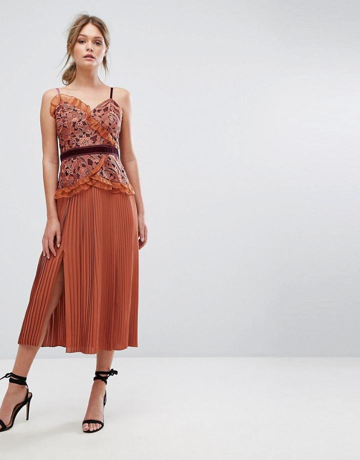 Three Floor Cami Strap Midi Dress With Lace And Pleated Skirt - Orange