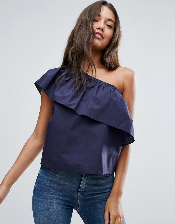 Asos One Shoulder Top In Cotton - Navy