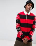 Asos Relaxed Long Sleeve Rugby Polo With Block Stripe & Sleeve Print - Red