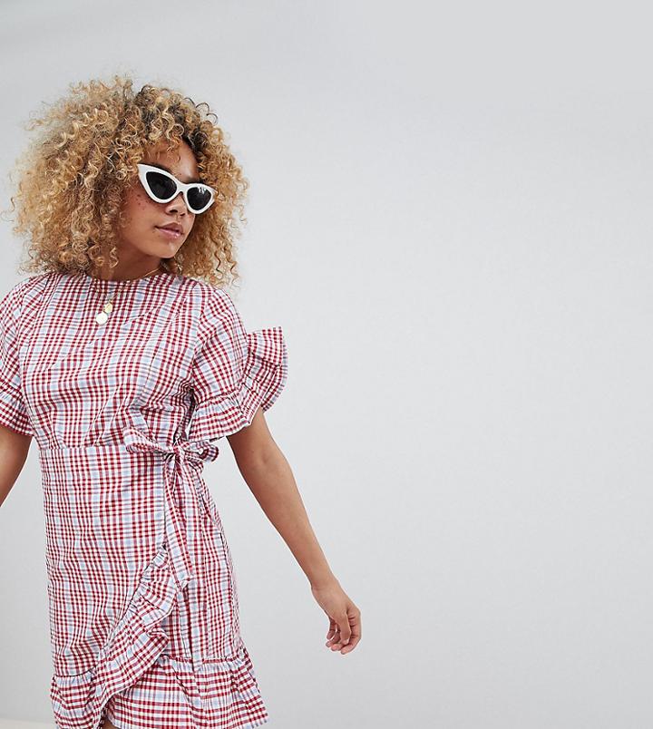 Asos Design Petite Wrap Front Frill Sleeve Skater Dress In Gingham - Multi