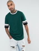 Asos Longline T-shirt In Green With Half Sleeve And Wide Rib Detail - Green
