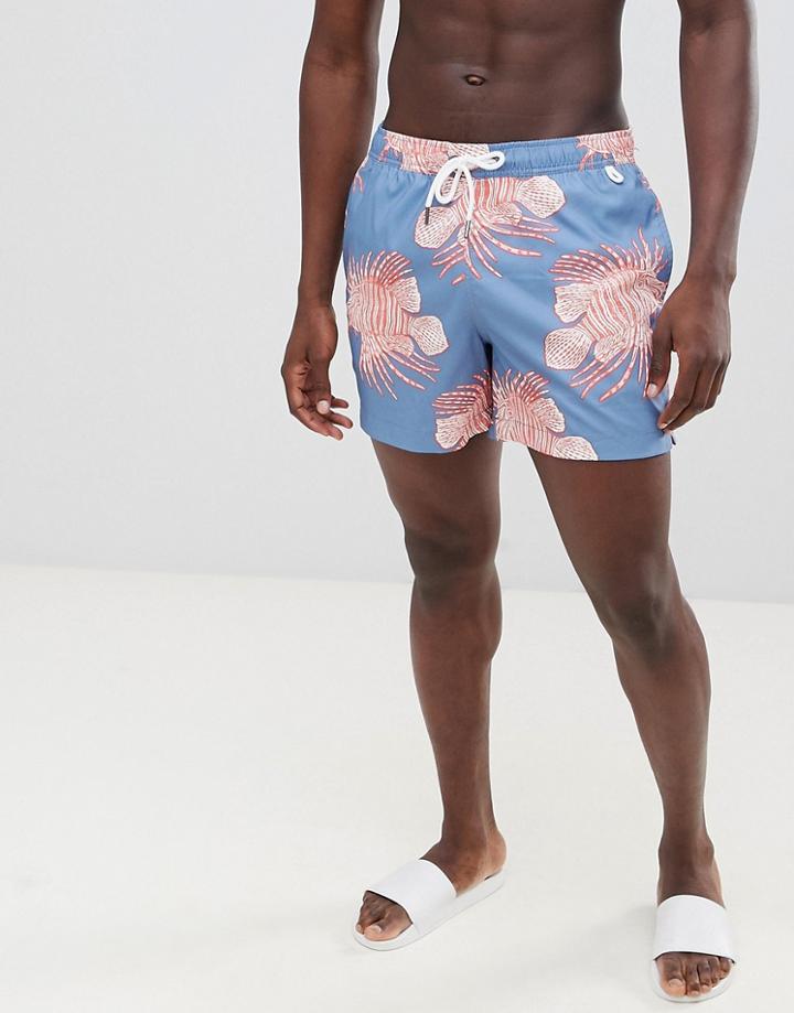 Abercrombie & Fitch Lion Fish Print Swim Shorts Badge Pocket Logo In Blue - Blue