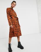 Liquorish Midi Shirt Dress In Brown And Black Print