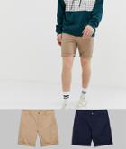 Asos Design 2 Pack Skinny Chino Shorts In Stone & Navy Save - Multi