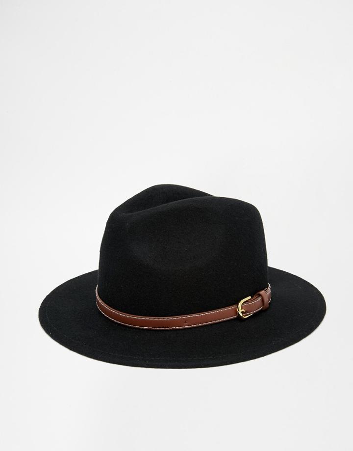 Asos Fedora Hat In Black With Faux Leather Trim - Black