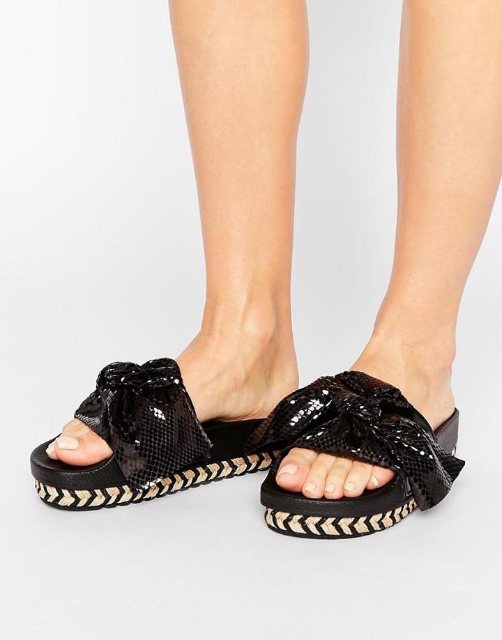 Sixtyseven Black Bow Slide Flat Sandals - Black