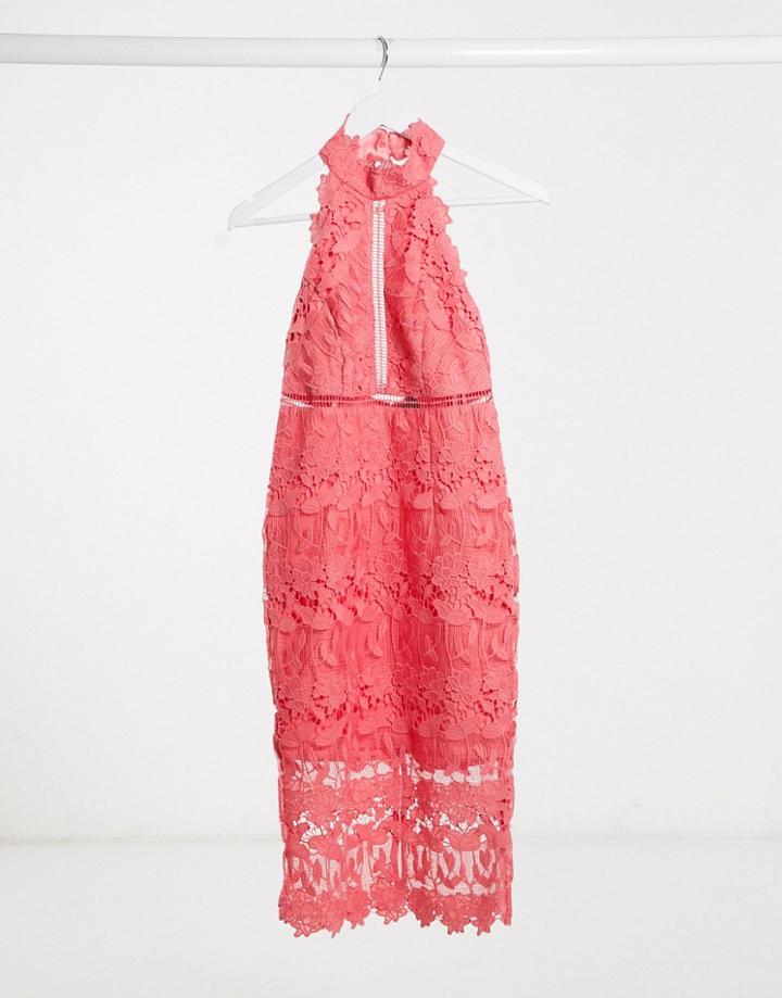 Bardot Lace Halter Midi Dress In Coral-orange