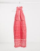 Bardot Lace Halter Midi Dress In Coral-orange