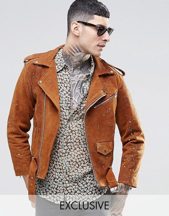 Reclaimed Vintage Suede Biker Jacket In Paint Splatter - Tan