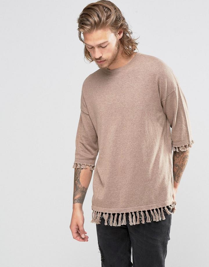 Asos Knitted T-shirt With Hem Tassels - Brown