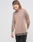 Asos Knitted T-shirt With Hem Tassels - Brown