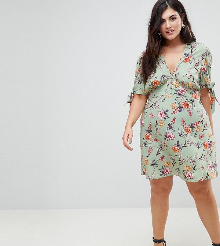 Influence Plus Button Front Floral Tea Dress With Tie Sleeves - Green