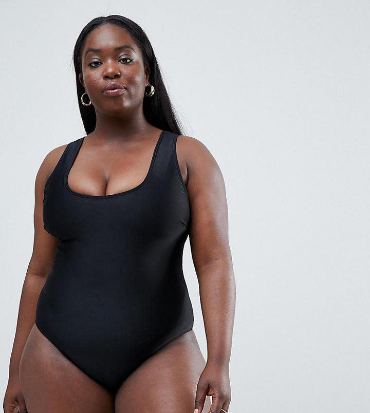 Wolf & Whistle Curve Scoop Neck Swimsuit In Black - Black