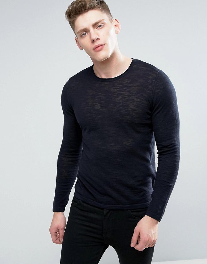 Celio Knitted Sweater With Roll Hem Detail - Navy