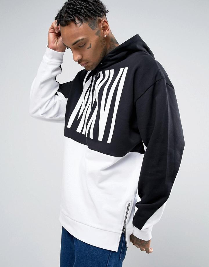 Asos Oversized Longline Hoodie With Print & Side Zips - Black