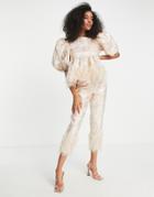Asos Edition Metallic Jacquard Pant With Tinsel Fringe Hem In Blush-pink
