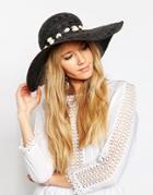Asos Straw Texture Floppy Hat With Shell Trim - Black