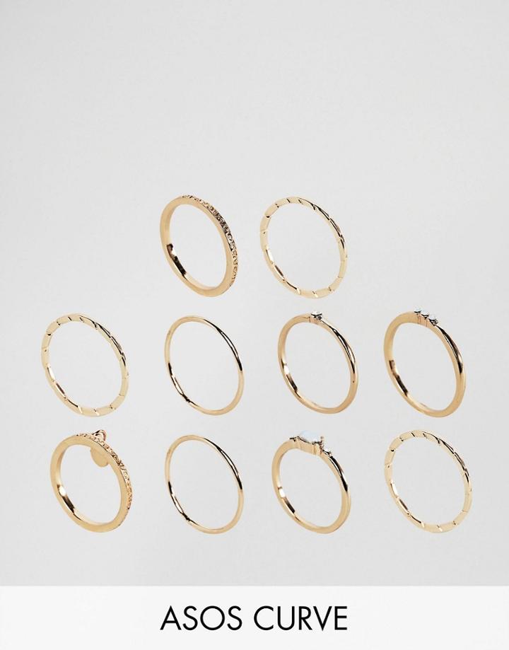 Asos Curve Exclusive Pack Of 10 Engraved Disc & Stone Rings - Gold